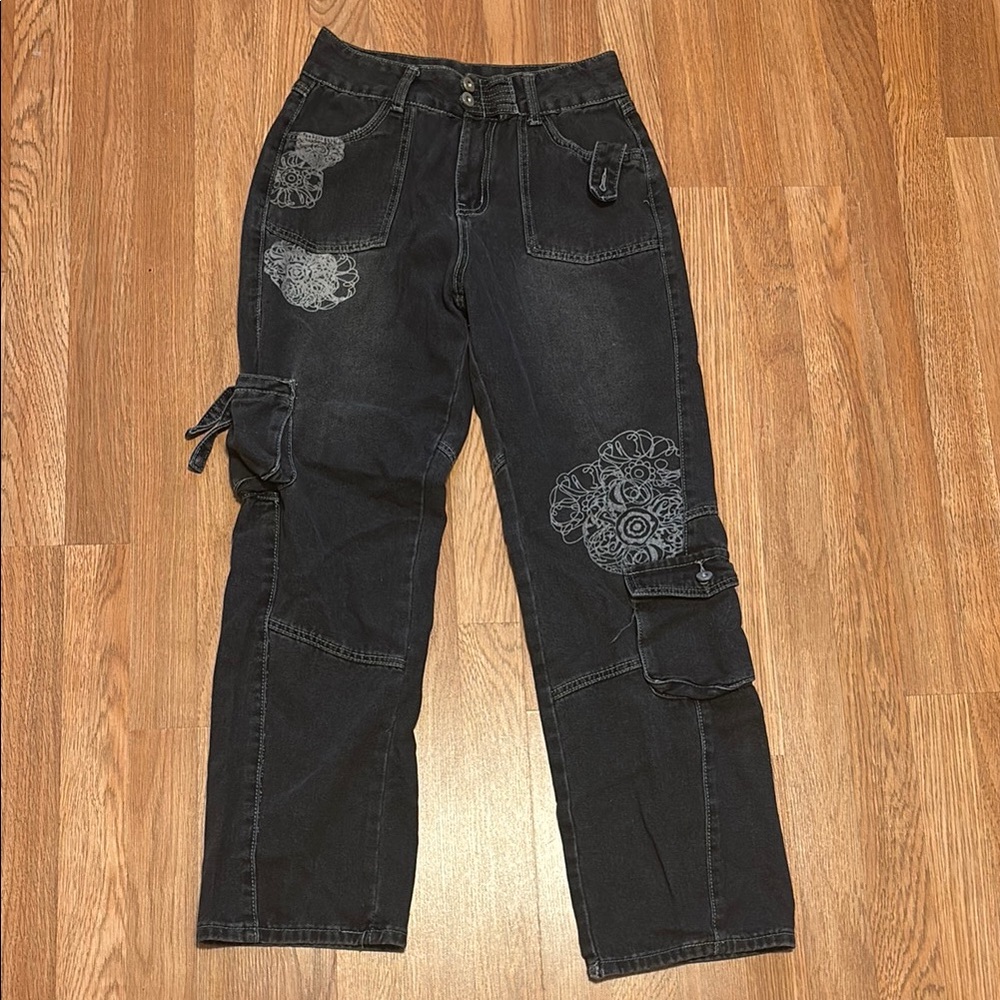 Black Cargo Jeans with Floral Embroidery